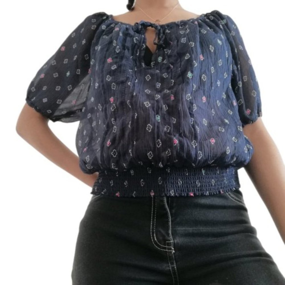 Hollister Floral Navy Blue Peasant Top Blouse